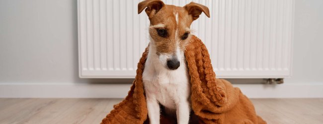 A dog shaking under a blanket in front of a heater