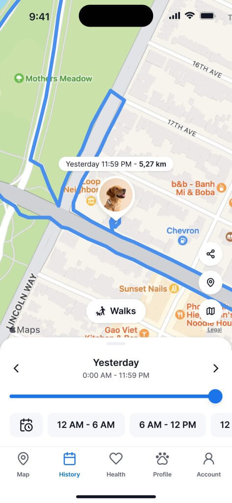 Tractive appskærm "Historik"