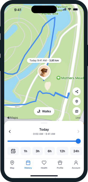 Screenshot of the Tractive GPS app location history feature for dogs